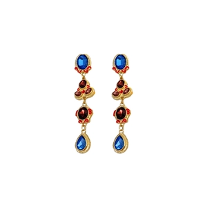 Vintage gold-tone drop earrings with vibrant blue and red stones in a chic tassel design