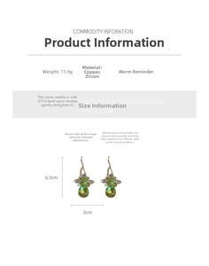 Macro shot of green zircon flower drop earrings with detailed size and weight specs