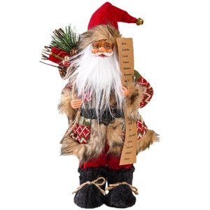 Standing Santa figurine in red knit coat with gift bag and name list scroll decoration