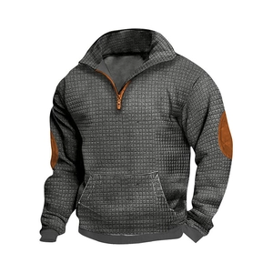 Men's dark gray waffle knit quarter-zip sweatshirt with orange elbow patches and trim