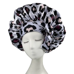 Leopard Print Satin Sleep Cap For Women Soft Polyester Wide Band Bonnet Hair Care Night Hat With Adjustable Tie Bow