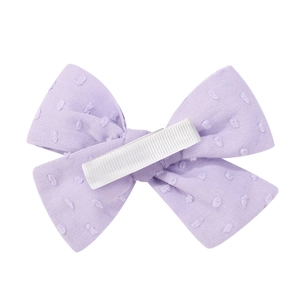Back view of light purple Swiss dot fabric bow hair clip with white alligator clip
