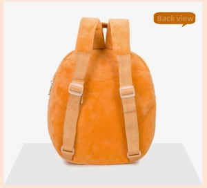 Back view of plush orange dinosaur backpack showing adjustable straps and soft texture