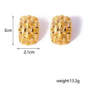 French vintage rectangular gold titanium steel earrings with woven texture pattern