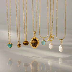 Retro 18K gold plated stainless steel necklaces with heart turquoise and tiger eye stone