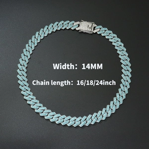 Detail of 14MM silver Cuban link chain with blue crystals showing size specifications