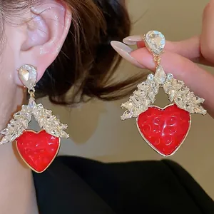 Boucles D'oreilles Pendantes Cœur Rouge Avec Tige En Argent Alliage Strass Aile Bijoux Mode Luxe Pour Femmes
