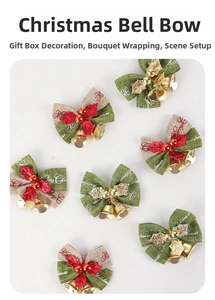 Detail of Christmas burlap bows with metal bells and Merry Christmas print ornaments