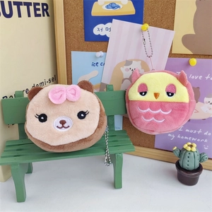 Mini plush animal coin purse with bead chain featuring brown bear and pink owl