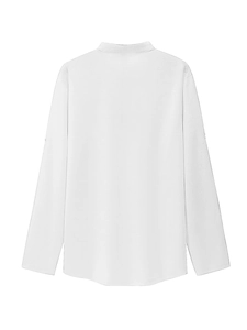 Detailed back view of white long sleeve polo shirt showing waffle knit texture and stand collar