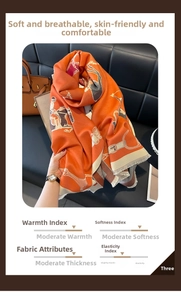 Detail of orange equestrian silk scarf showing horse rider motifs and artisan stitching