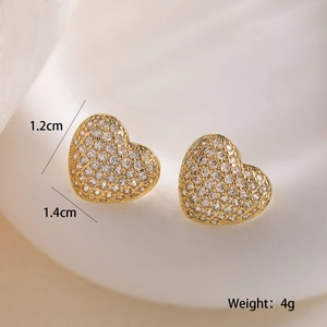 Luxury 18K gold plated heart stud earrings with cubic zirconia stones, 1.2cm size