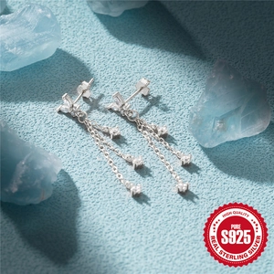 Elegant S925 sterling silver chain earrings with butterfly tassels and cubic zirconia