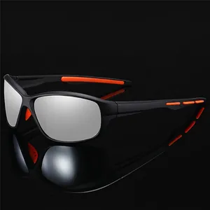 Polarized sports sunglasses with black frames, orange accents and silver mirrored lenses