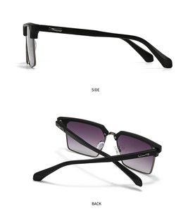 Detailed side and back views of half-frame square sunglasses with purple gradient lenses