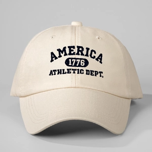 Classic beige America Athletic Dept baseball cap with vintage 1776 embroidery on cotton