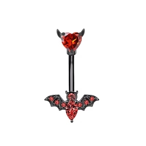 Gothic bat navel ring in black stainless steel with red heart and teardrop gemstones
