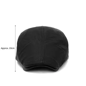 Men's retro black PU leather newsboy hat with deep 10cm crown and lychee grain texture