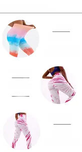 Détail de legging de yoga taille haute avec motif tie-dye 3D et tissu extensible respirant