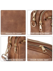Detail view of premium PU leather texture with gold-colored zipper and metal hardware