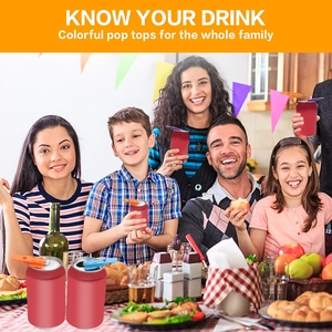 Colorful drink can openers for family use shown on beverage cans at a dinner table
