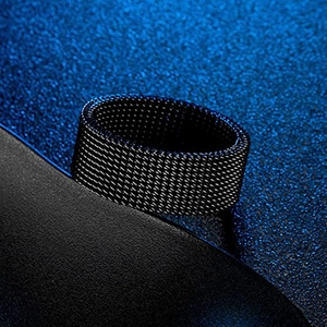 Macro shot of black mesh textured stainless steel ring with industrial design finish