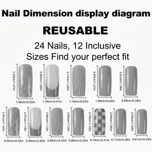 White French extra long coffin press-on nails size chart with 24 pieces and 12 sizes