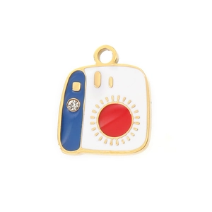 18k gold plated camera enamel pendant with white resin inlay and crystal detail