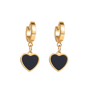 Modern gold-tone hoop earrings featuring a black heart-shaped enamel charm pendant