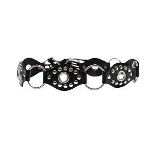Y2K punk style black leather choker featuring silver metal rings and stud decorations
