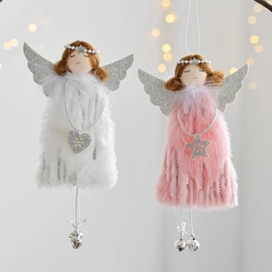 Plush Angel Girl Christmas Tree Hanging Ornament Sequins Faux Fur Metal Bells Holiday Party Home Decor Doll Pendant