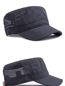 Detail of navy blue mesh breathable military flat cap with adjustable buckle back