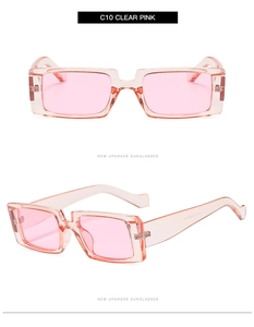 Detail view of transparent pink rectangular sunglasses with wide plastic frame and arms