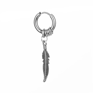 Retro silver titanium steel hoop earring with feather pendant for hip-hop fashion style
