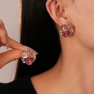 Pink gradient resin flower earrings with sparkling rhinestones for women