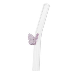Minimalist bent glass straw featuring a purple butterfly ornament on a clear glass body