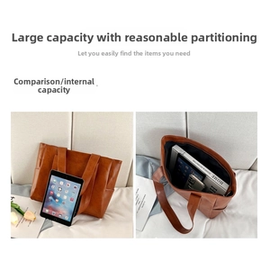 Detailed capacity view of a brown PU leather tote bag fitting a tablet and magazines