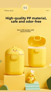 Detail of portable yellow duck milk powder containers with secure sealing lids
