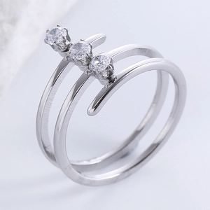 Three-stone multi-layer spiral open ring in silver with sparkling zircon accents