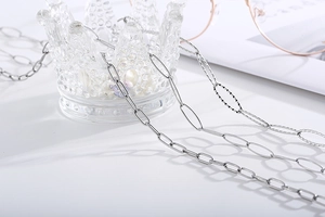 Detailed close-up of polished silver steel link chain for sweaters and eyewear