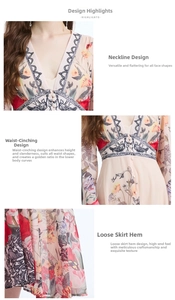 Dettagli dello scollo a V, vita arricciata con bottoni e tessuto in chiffon floreale