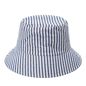 Women's blue striped bucket hat with glitter rhinestones and wide brim for sun protection
