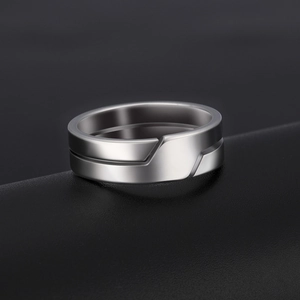 Polished stainless steel ring for men featuring minimalist geometric step design lines