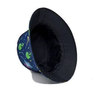 Navy blue bucket hat with green alien and UFO print, casual outdoor sun protection cap