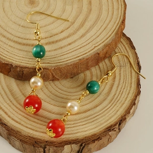 French style 18k stainless steel earrings with marble green, pearl, and red agate beads