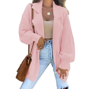 Women Knitted Cardigan Sweater Long Sleeve Lapel Collar Single Button Pocket Casual Loose Outwear Soft Solid Color