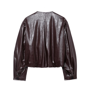 Back view of a deep brown faux leather bomber jacket with ribbed hem and textured finish
