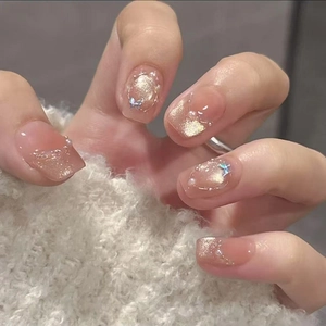 Pink Gradient Cat Eye Press On Nails With Artificial Pearl Butterfly Rhinestone Decor Short Square Round Artificial Nails For Women