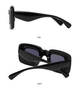 Side and back view of wide-frame black sunglasses showing glossy finish and thick temples