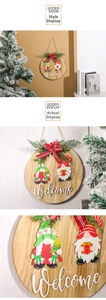 Detail of wooden Christmas gnome welcome sign with plaid bow and festive pine needles